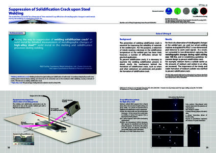 Suppression of Solidification Crack upon Steel Welding Research method  The world’s first successful Two-dimensional Time-resolved X-ray diffraction of metallographic changes in weld metals