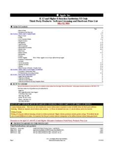  Apple Inc. K-12 and Higher Education Institution US Only Third-Party Products: Software Licensing and Hardware Price List May 13, 2014  Table Of Contents Page