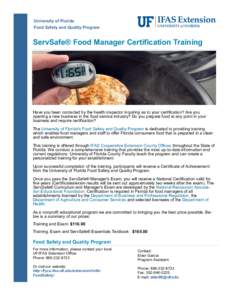 University of Florida  Food Safety and Quality Program ServSafe® Food Manager Certification Training