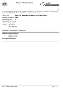 Extract from the Register of Political Parties for the Help End Marijuana Prohibition (HEMP) Party