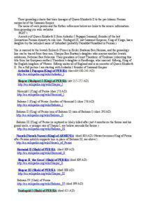 Three genealogy charts that trace lineages of Queen Elizabeth II to the pre-Islamic Persian monarchs of the Sasanian Empire. The name of each person and the further references below are links to the source information