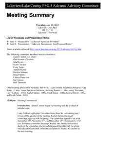 Lakeview/Lake County PM2.5 Advance Advisory Committee  Meeting Summary Thursday, July 25, 2013 Lakeview Town Hall 525 N. 1st St