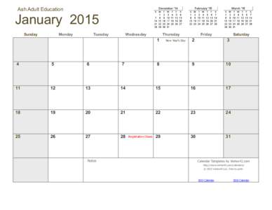 Ash Adult Education  January 2015 Sunday  Monday