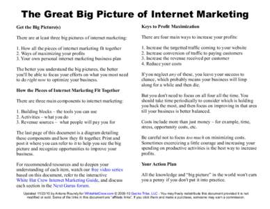 The Great Big Picture of Internet Marketing Get the Big Picture(s) Keys to Profit Maximization  There are at least three big pictures of internet marketing: