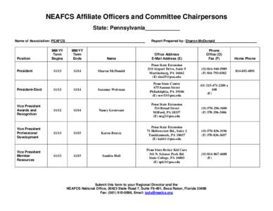 NEAFCS Affiliate Officers and Committee Chairpersons State: Pennsylvania Name of Association: PEAFCS Position