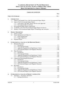 CALIFORNIA DEPARTMENT OF WATER RESOURCES SIMULATION OF NATURAL FLOWS IN MIDDLE PIRU CREEK DRAFT ENVIRONMENTAL IMPACT REPORT TABLE OF CONTENTS PAGE