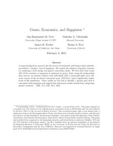 Genes, Economics, and Happiness  ∗ Jan-Emmanuel De Neve