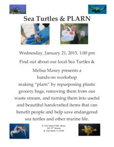 Sea Turtles & PLARN  Wednesday, January 21, 2015, 1:00 pm Find out about our local Sea Turtles & Melisa Maxey presents a hands-on workshop