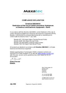 COMPLIANCE DECLARATION  Directive [removed]EC  Restriction of the Use of certain Hazardous Substances 