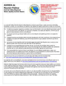 AGENDA de Reunión Pública Central Valley Regional Water Quality Control Board  Miércoles, 15 de abril, 2015 – 9:0a.m.