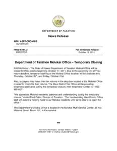 Molokai / Tax return / Kaunakakai /  Hawaii / Maui / Molokai Airport / Hawaii / Kalawao County /  Hawaii / Maui County /  Hawaii