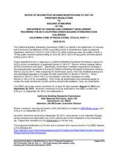 NOTICE OF SECOND POST-HEARING MODIFICATIONS TO TEXT OF PROPOSED REGULATIONS TO BUILDING STANDARDS OF THE DEPARTMENT OF HOUSING AND COMMUNITY DEVELOPMENT