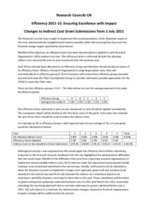 Research Councils UK Efficiency[removed]: Ensuring Excellence with Impact Changes to Indirect Cost Grant Submissions from 1 July 2011 The Research Councils have sought to implement the recommendations of the Wakeham repor