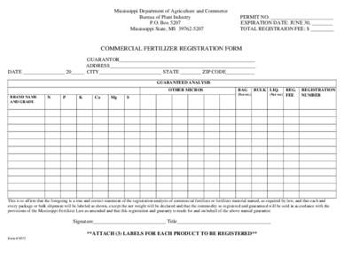 Mississippi Department of Agriculture and Commerce Bureau of Plant Industry P.O. Box 5207 Mississippi State, MS[removed]PERMIT NO. ________________________