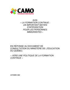 AVIS « LA FORMATION CONTINUE : UN IMPORTANT MOYEN D’INTÉGRATION POUR LES PERSONNES IMMIGRANTES »