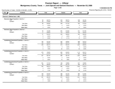 Precinct Report — Official Montgomery County, Texas — Joint Special and General Elections — November 03, 2009 Page 1 of:36 PM