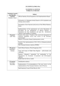 STATISTICS LITHUANIA STATISTICAL COUNCIL WORK PLAN FOR 2015 Statistical Council Subject meeting date