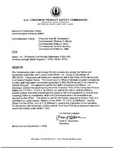 Record of Commisison Action: Maran Inc. Proposed Civil Penalty Settlement of $50,000 September 3, 2009