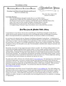 Newsletter of the  Mecklenburg Historical Association Docents Promoting Local History through Education and Research  http://www.meckdec.org/