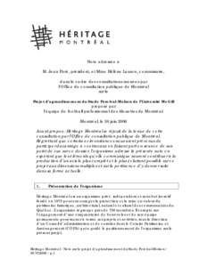 Note adressée à M. Jean Paré, président, et Mme Hélène Lauzon, commissaire, dans le cadre des consultations menées par l’Office de consultation publique de Montréal sur le Projet d’agrandissement du Stade Per