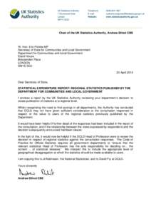 Letter from Andrew Dilnot to Rt. Hon. Eric Pickles MP - SER Regional Statistics_23042013