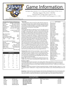 Game Information Burlington Bees[removed]vs Wisconsin Timber Rattlers[removed]Thursday August 27th, [removed]:00 PM Neuroscience Group Field- Game # 136 RHP Ryan Etsell (5-4, 3.69) vs RHP Chad Thompson (2-2