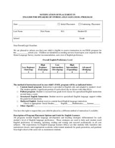 NOTIFICATION OF PLACEMENT IN ENGLISH FOR SPEAKERS OF OTHER LANGUAGES (ESOL) PROGRAM Date: __________________________  Initial Placement