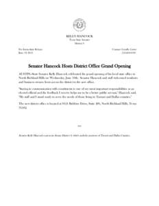 KELLY HANCOCK Texas State Senator District 9 For Immediate Release June 19, 2013