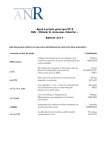 Appel à projets générique 2014 Défi « Stimuler le renouveau industriel » - Edition 2014 Liste des projets sélectionnés (par ordre alphabétique de l’acronyme de la proposition) : Acronyme et titre du projet