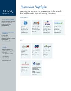 Transaction Highlights arbor is the recognized market maker for privately held, middle-market food and beverage companies. I nvestments I N VES TM EN T CRITERI A