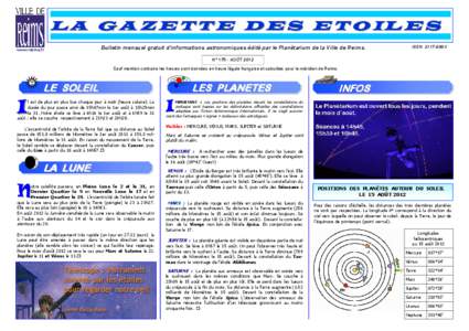 L A G A Z E T T E D E S E T O IL E S www.reims.fr Bulletin mensuel gratuit d’informations astronomiques édité par le Planétarium de la Ville de Reims.  ISSN 2117-699X