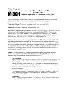 Summary of Vaccine Preventable Diseases Reported to the Michigan Department of Community Health, 2005 This is a summary of reported cases of selected vaccine-preventable diseases in Michigan in[removed]Totals for 2004 are 