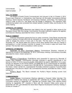 EUREKA COUNTY BOARD OF COMMISSIONERS October 6, 2014 STATE OF NEVADA COUNTY OF EUREKA  )
