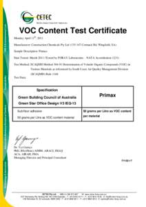 VOC Content Test Certificate Monday April 11th, 2011 Manufacturer: Construction Chemicals Pty Ltd[removed]Cormack Rd, Wingfield, SA) Sample Description: Primax Date Tested: March[removed]Tested by FORAY Laboratories – N