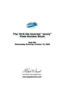 Stamp collecting / Postage stamps of the United States / Invert error / Auction / Inverted Jenny / Postage stamp / Airmail stamp / Robert A. Siegel / Plate block / Philately / Collecting / Airmail