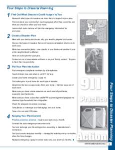 Four Steps to Disaster Planning  1 Find Out What Disasters Could Happen to You Research what types of disasters are most likely to happen in your area. Find out about your community’s warning signals-what they sound li