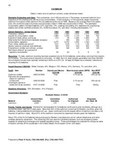 38  CADMIUM (Data in metric tons of cadmium content, unless otherwise noted) Domestic Production and Uses: Two companies, one in Illinois and one in Tennessee, recovered cadmium as a byproduct of the smelting and refinin