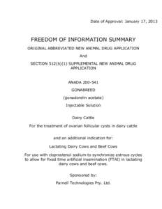 Date of Approval: January 17, 2013  FREEDOM OF INFORMATION SUMMARY ORIGINAL ABBREVIATED NEW ANIMAL DRUG APPLICATION And SECTION 512(b)(1) SUPPLEMENTAL NEW ANIMAL DRUG