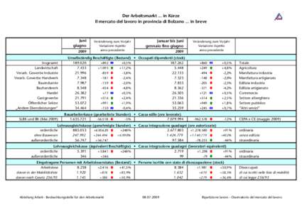 Der Arbeitsmarkt ... in Kürze Il mercato del lavoro in provincia di Bolzano ... in breve Juni giugno 2009