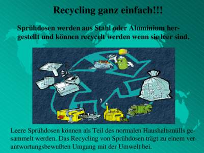 Recycling ganz einfach!!! Sprühdosen werden aus Stahl oder Aluminium hergestellt und können recycelt werden wenn sie leer sind. Leere Sprühdosen können als Teil des normalen Haushaltsmülls gesammelt werden. Das Recy
