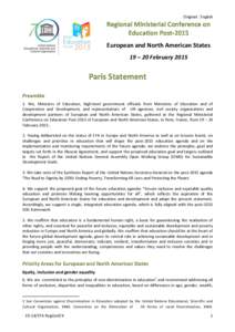 Regional Ministerial Conference on Education Post-2015: European and North American States; Regional Ministerial Conference on Education Post-2015, European and North American States, 19-20 February 2015: Paris Statement