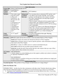 West Virginia State Museum Lesson Plan Basic Information Lesson Title: Morse Code/Telegraph and WV Leola Hairston Author(s): WV Studies