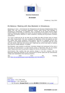 EUROPEAN COMMISSION  STATEMENT Strasburg, 2 July[removed]EU-Belarus: Meeting with Ales Bialiatski in Strasbourg