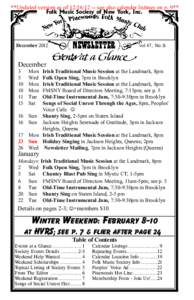 **Updated version as of[removed]see also calendar listings on p. 9** Folk Music Society of New York, Inc. December[removed]vol 47, No.11