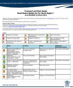 Transport and Main Roads Road Status Update for Far North Region * as at 08:00AM 10 March 2015 *Disclaimer: This report is prepared daily Monday to Friday. Road conditions may change rapidly. Please visit[removed]qld.gov.