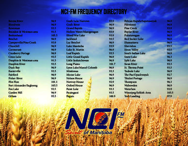NCI-FM Frequency Directory Berens River				96.9 Bloodvein				96.9 Bowsman				93.3 Brandon & Westman area		 91.5