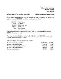 Arkansas State University Board of Trustees May 16, 2014 ARKANSAS STATE UNIVERSITY FOUNDATION  Contact: Steve Owens, [removed]