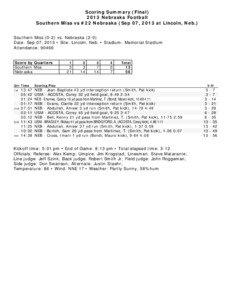 Scoring Summary (Final[removed]Nebraska Football Southern Miss vs #22 Nebraska (Sep 07, 2013 at Lincoln, Neb.)