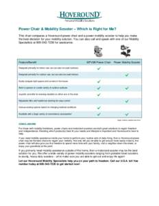 Power Chair & Mobility Scooter – Which is Right for Me? This chart compares a Hoveround power chair and a power mobility scooter to help you make the best decision for your mobility solution. You can also call and spea