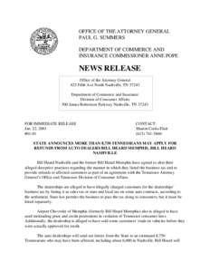 OFFICE OF THE ATTORNEY GENERAL PAUL G. SUMMERS DEPARTMENT OF COMMERCE AND INSURANCE COMMISSIONER ANNE POPE  NEWS RELEASE